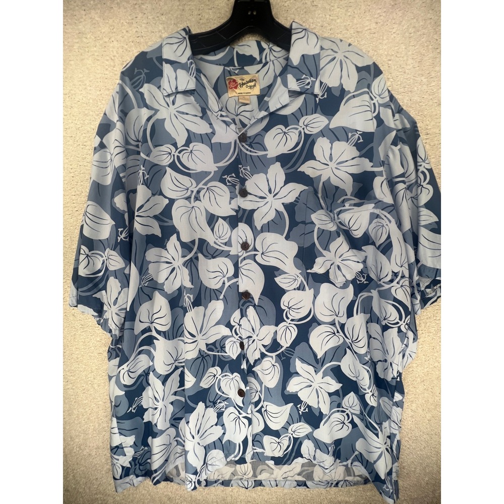 Hilo Hattie The Hawaiian Original Blue White Hibiscus Rayon Aloha Shirt Mens XL